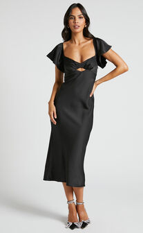 Emberlynn Midi Dress - Flutter Sleeve Cut Out Satin Dress in Black