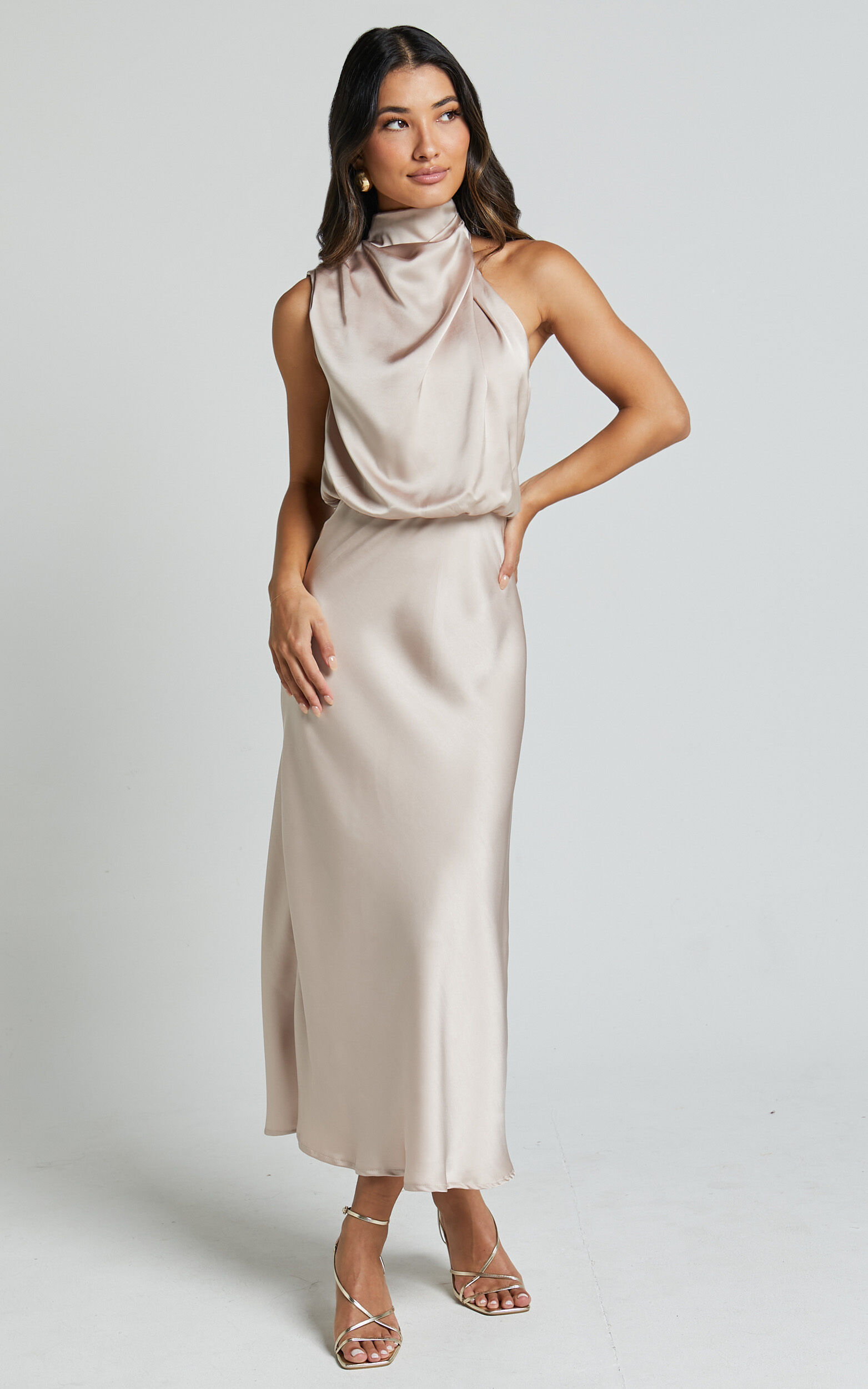 Minnie Midi Dress Drape Neck Satin Slip Dress in Champagne