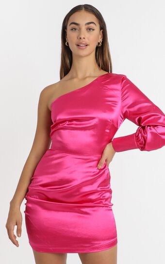 Eve One Shoulder Mini Dress in Hot Pink Satin