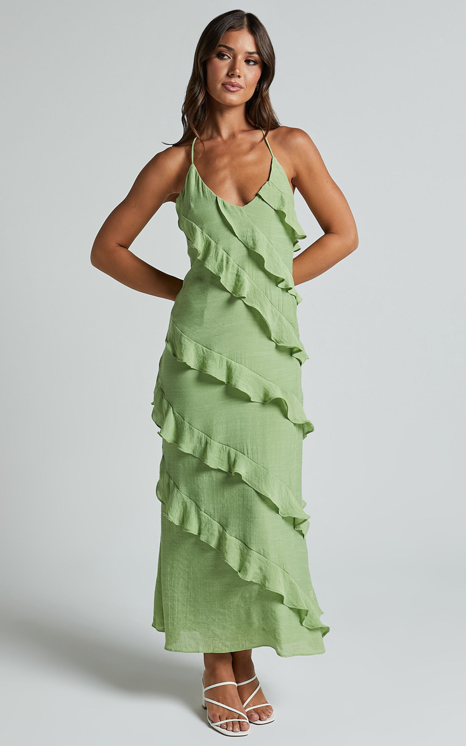 Brayden Midi Dress - V Neck Ruffle Dress in Green - 06, GRN1
