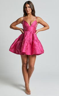 Britany Mini Dress - V Neck Tiered Strappy Tiered Fit and Flare Dress in Fuchsia