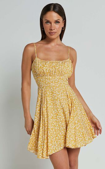 Summer Jam Mini Dress - Strappy Slip Dress in Yellow Floral