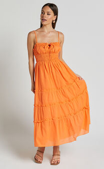 Schiffer Midi Dress - Strappy Ruched Tie Front Tiered Dress in Mandarin