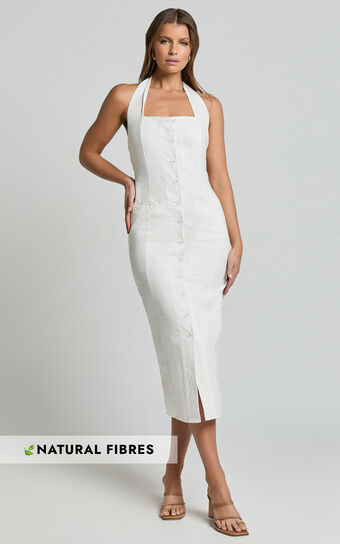 Shane Midi Dress - Button Through Halter Slip Dress in White