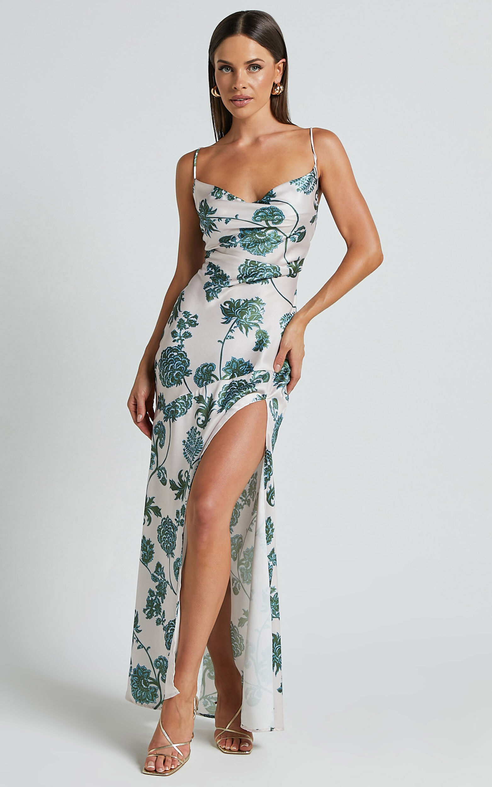 Kenna Maxi Dress Cowl Neck Thigh Split Slip Dress In Keepsake Floral Showpo Usa