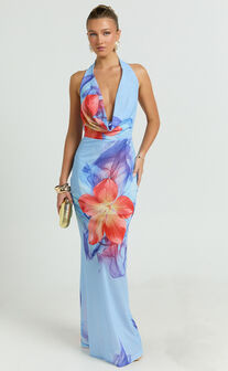 Larissa Maxi Dress - Mesh Low Cowl Halter Neck Bodycon Dress in Electric Orchid