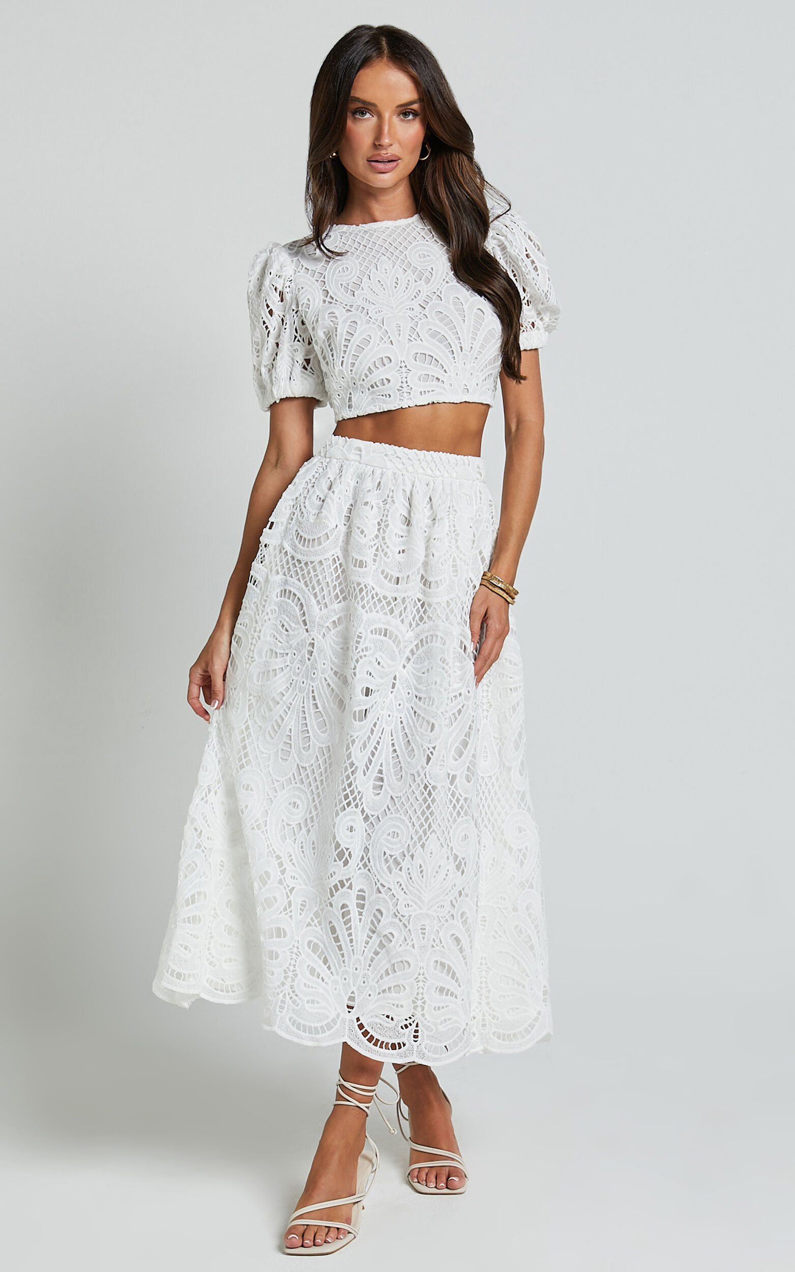Sveta Two Piece Set Lace Short Puff Sleeve Open Back Crop Top and Midi Skirt Set in White Showpo NZ