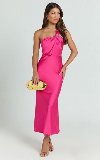 Carmella Midi Dress - One Shoulder Twist Detail Dress in Fuchsia