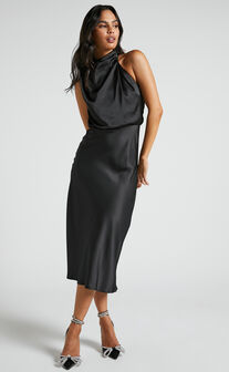 Minnie Midi Dress - Drape Neck Satin Slip Dress in Black