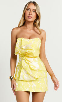 Amalie The Label - Frederika Strapless Ruffle Detail Jacquard Mini Dress in Yellow
