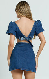 Freya Mini Dress - Denim Cut Out Puff Sleeve Mini Dress in Mid Blue ...