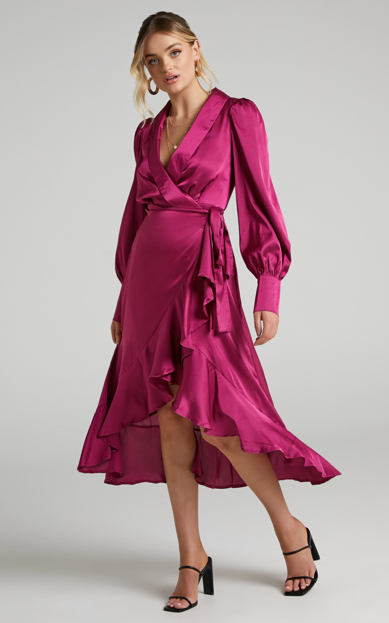 Frill wrap midi dress new arrivals