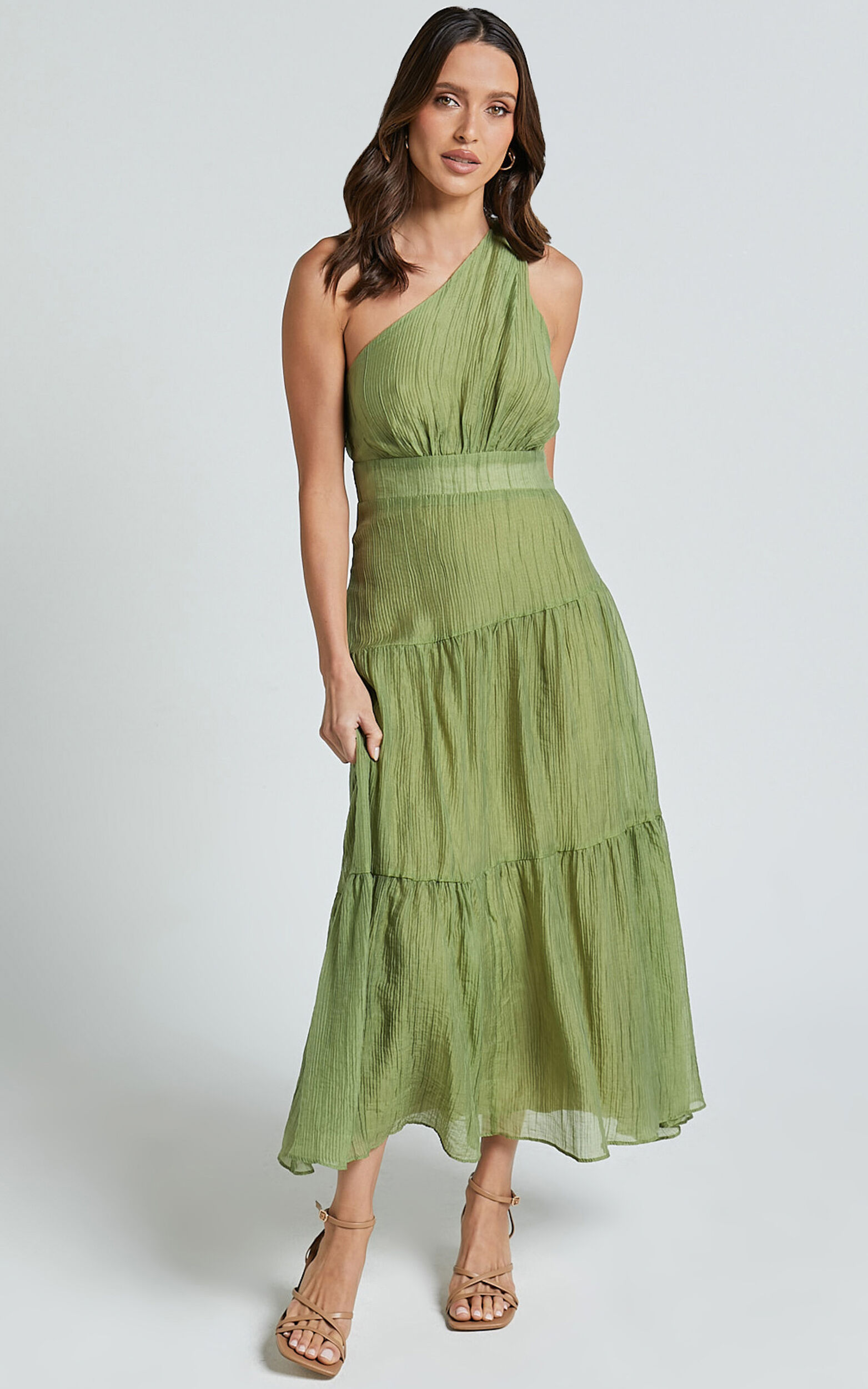 Edeline Midi Dress - One Shoulder Twist Tiered Dress in Olive - 06, GRN1