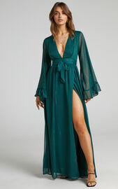 Dangerous Woman Maxi Dress - Plunge Thigh Split Dress in Emerald ...