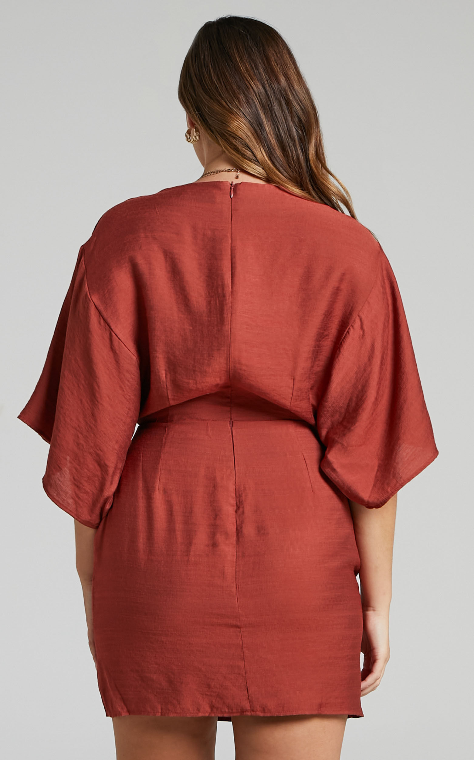 Avella Plunge Neck Angel Sleeve Mini Dress in Rust Showpo USA