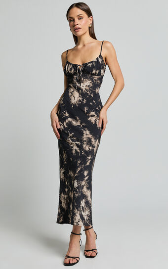 Nicki Midi Dress - Strappy Ruched Bust Slip Dress in Black Tie Dye