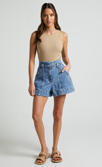 Kayla Shorts - High Waisted A Line Denim Shorts in Mid Blue Wash