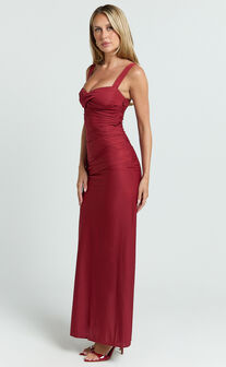 Roxanne Maxi Dress - Sweetheart Neck Gathered Bodycon Dress in Red