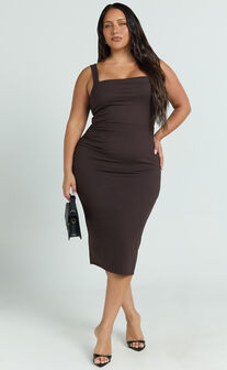 Tiffy Midi Dress - Square Neck Ruched Bodycon Dress in Chocolate