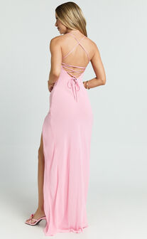Sonya Midi Dress - Cowl Neck Asymmetric Fit And Flare Dress in Pink