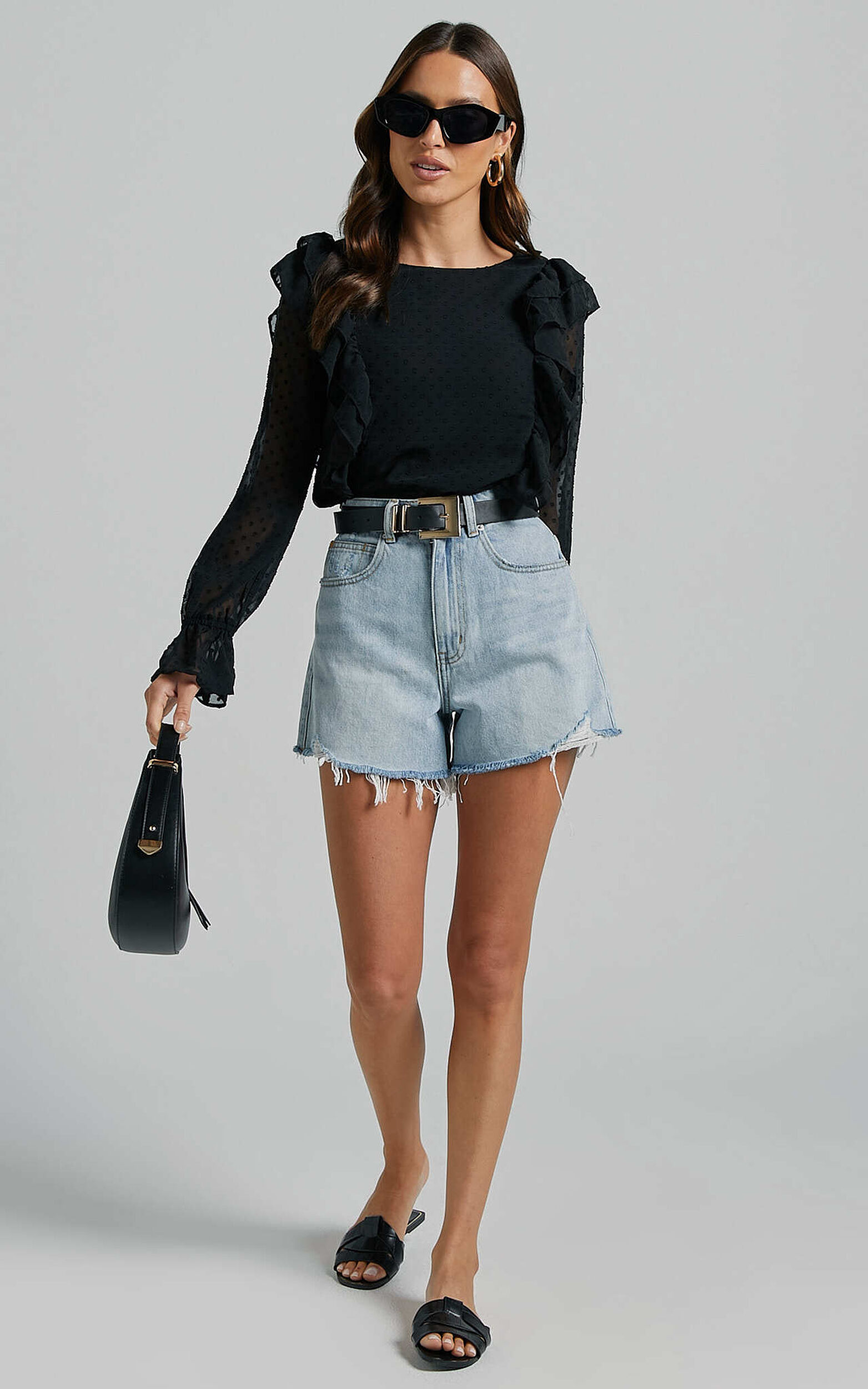 Emielene Top - Ruffle Scoop Neck Long Sleeve Top in Black - 06, BLK1