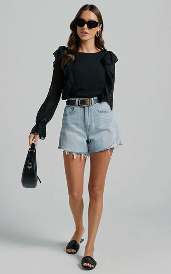 Emielene Top - Ruffle Scoop Neck Long Sleeve Top in Black