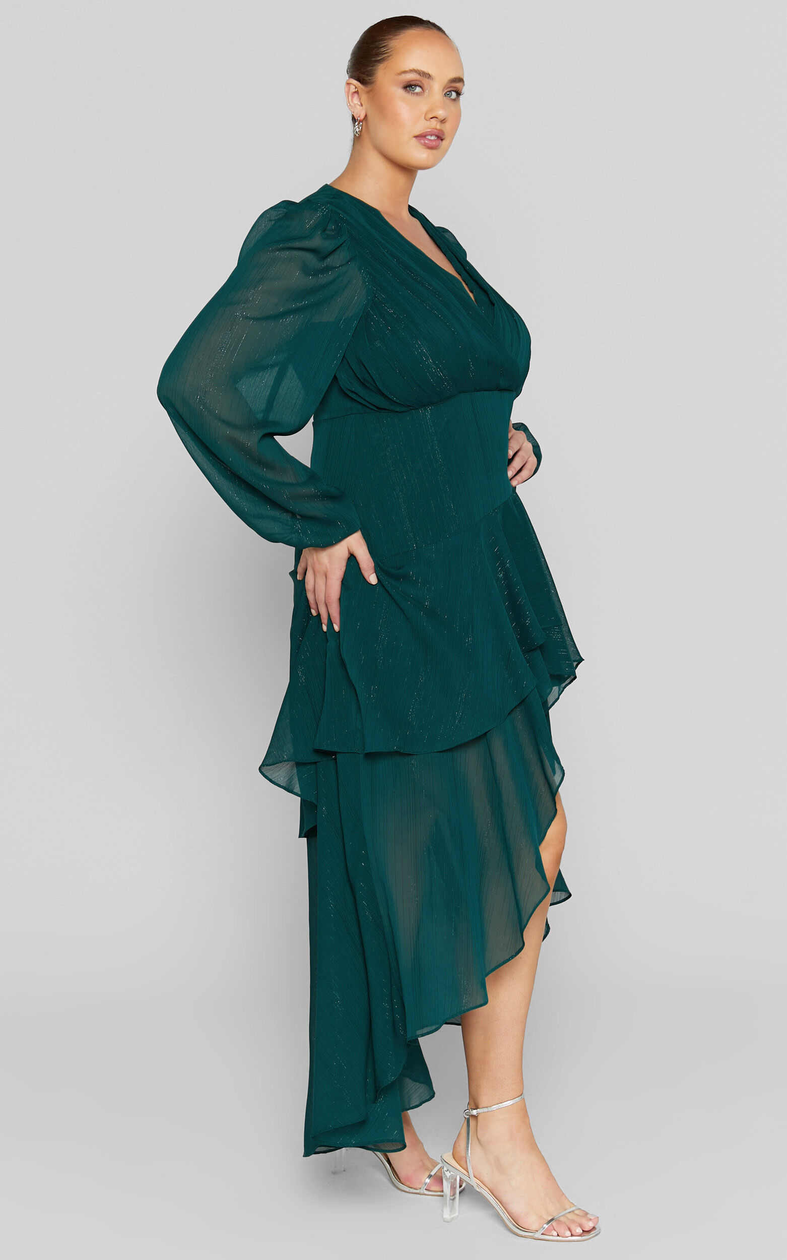 Claudita Midi Dress - Long Sleeve High Low Hem Dress in Emerald | Showpo USA