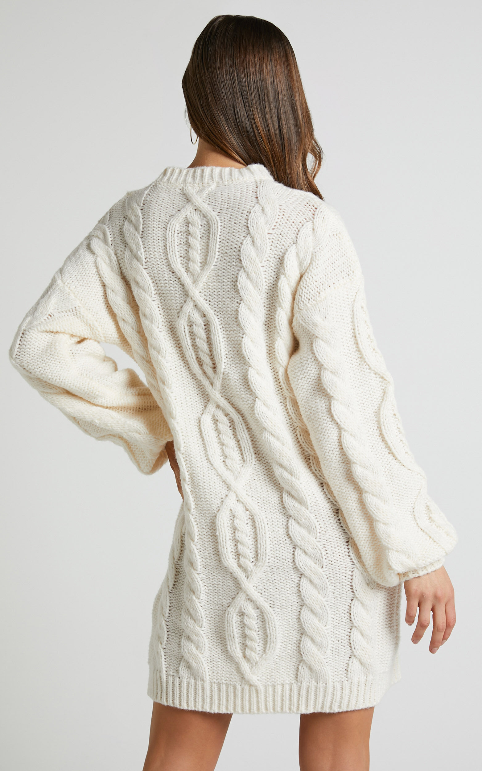 Deliah Mini Dress - Cable Knit Sweater Dress in Cream