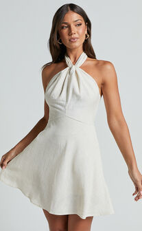 Louie Mini Dress - Linen Halter Neck Dress in Natural