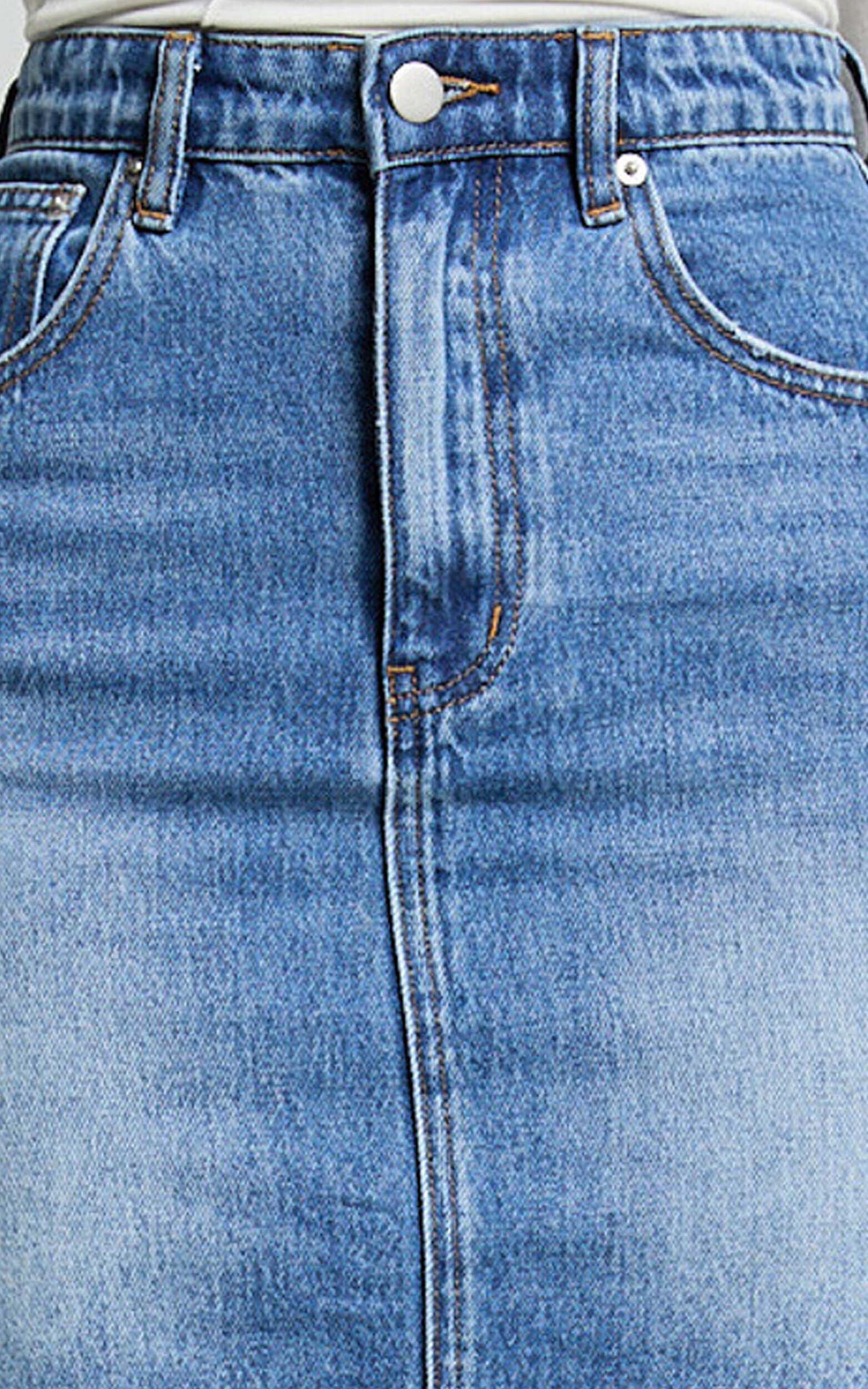 Adan Mini Skirt - Recycled Cotton Frayed Hem Denim Skirt in Mid Blue Wash | Showpo