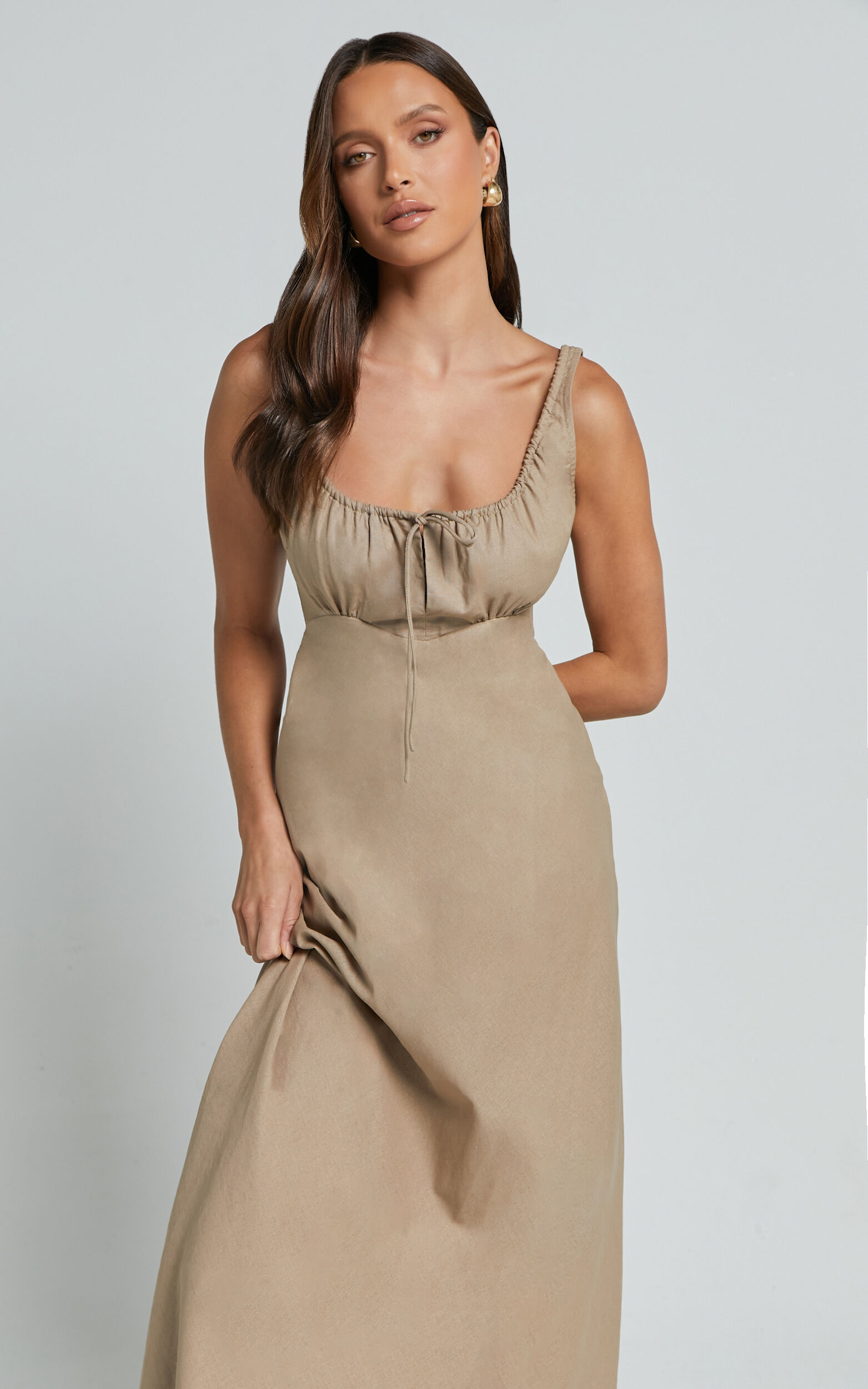 Lucas Midi Dress - Ruched Bust Linen Look Dress in Tobacco | Showpo USA