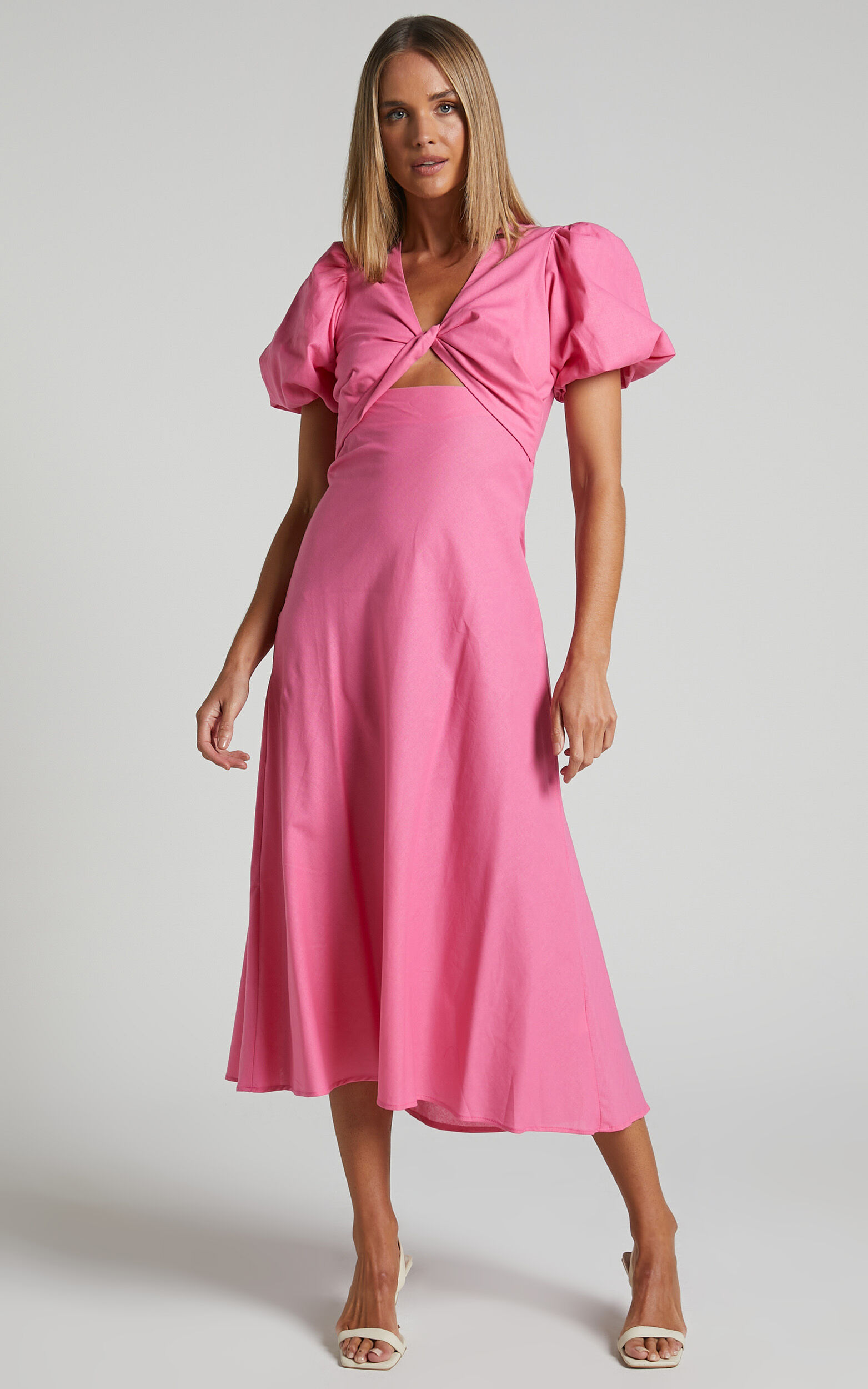 Kalilah Midi Dress - Linen Look Twist Front Cut Out Puff Sleeve Dress in Pink - 06, PNK1
