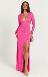 Nerissa Maxi Dress - Sequin Plunge Cut Out Thigh Split Dress in Hot ...