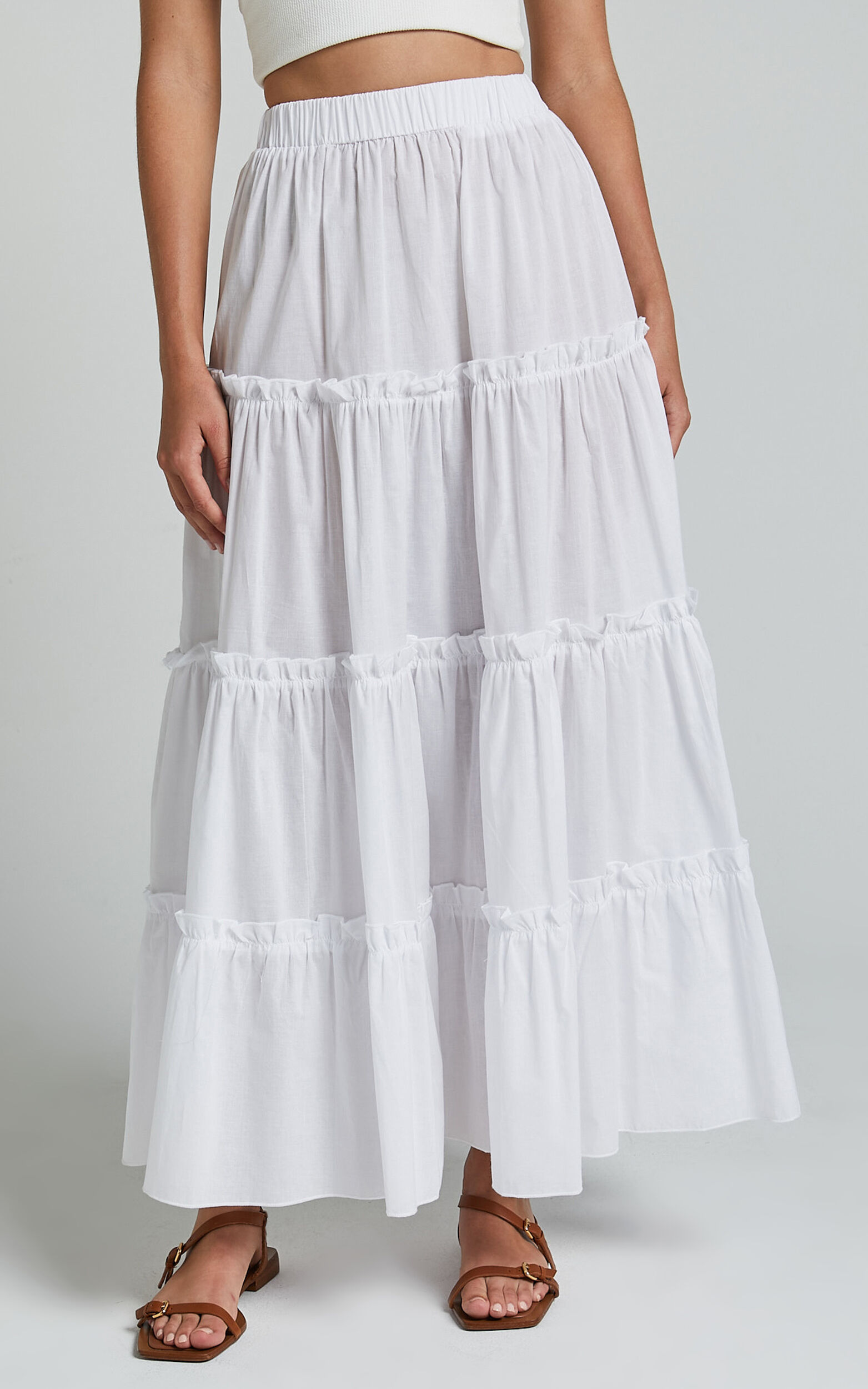 Aeonium Maxi Skirt Cotton Elasticated Waist Tiered Skirt in Off White Showpo USA