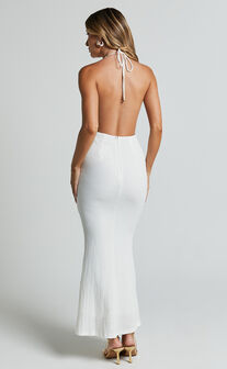 Ada Maxi Dress - Halter Plunge Textured Jersey Open Back Dress in White