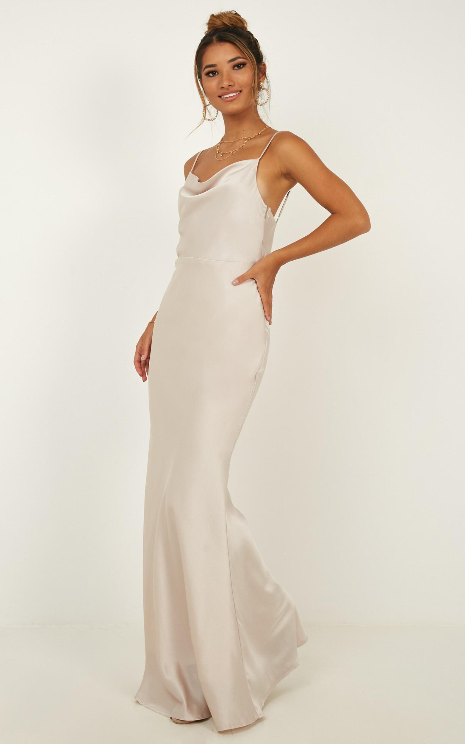 Run Deep Dress in champagne satin Showpo USA
