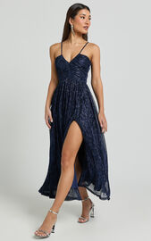 Sara Midi Dress - Ruched Bodice Lurex Dress in Navy | Showpo