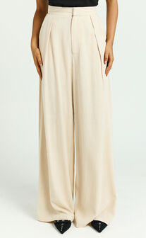 Hermione Linen Blend Pants - High Waist Wide Leg Pleated Palazzo Pants in Natural