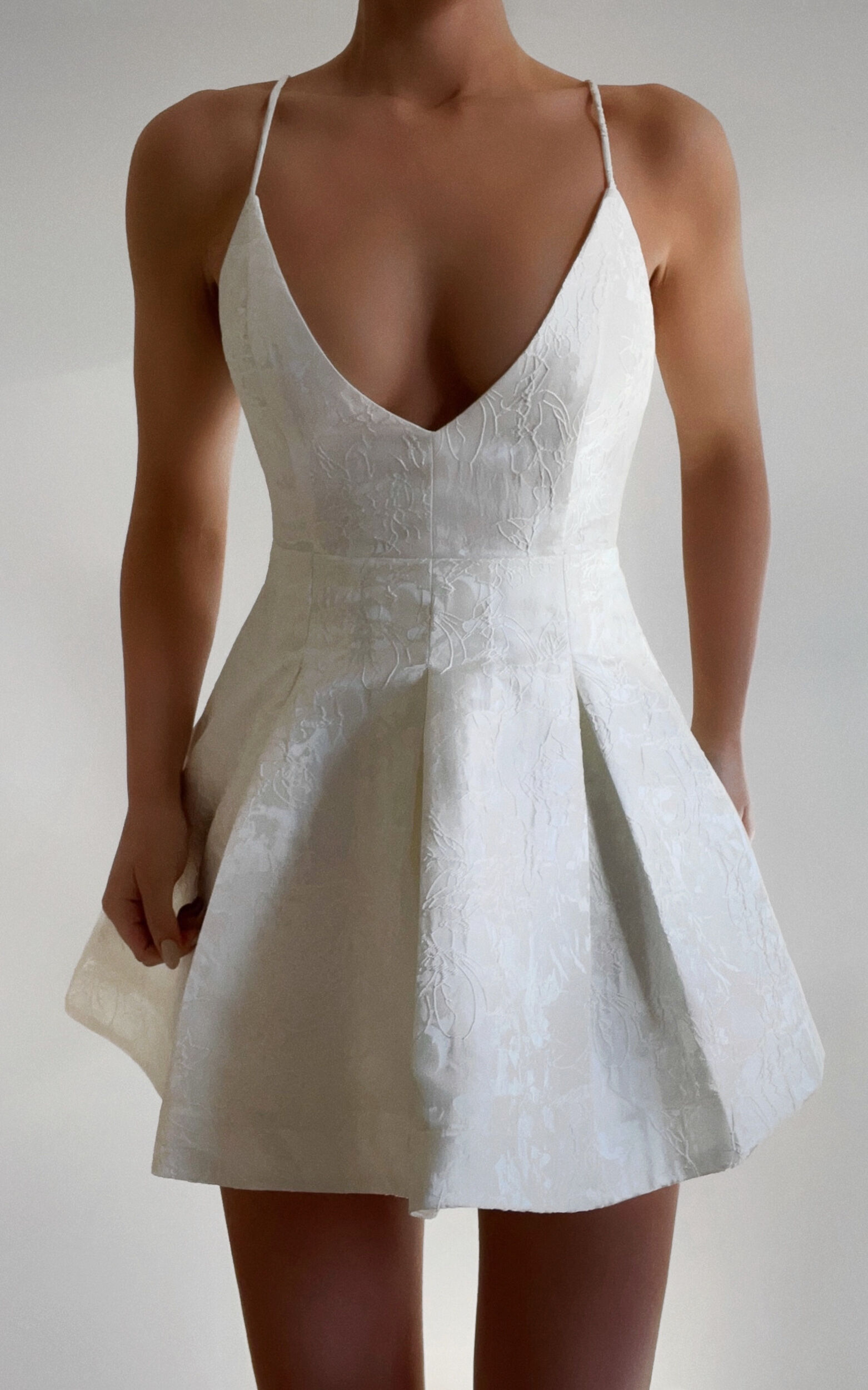 Gemima Mini Dress Strappy Plunge Neck Fit and Flare Dress in White Showpo