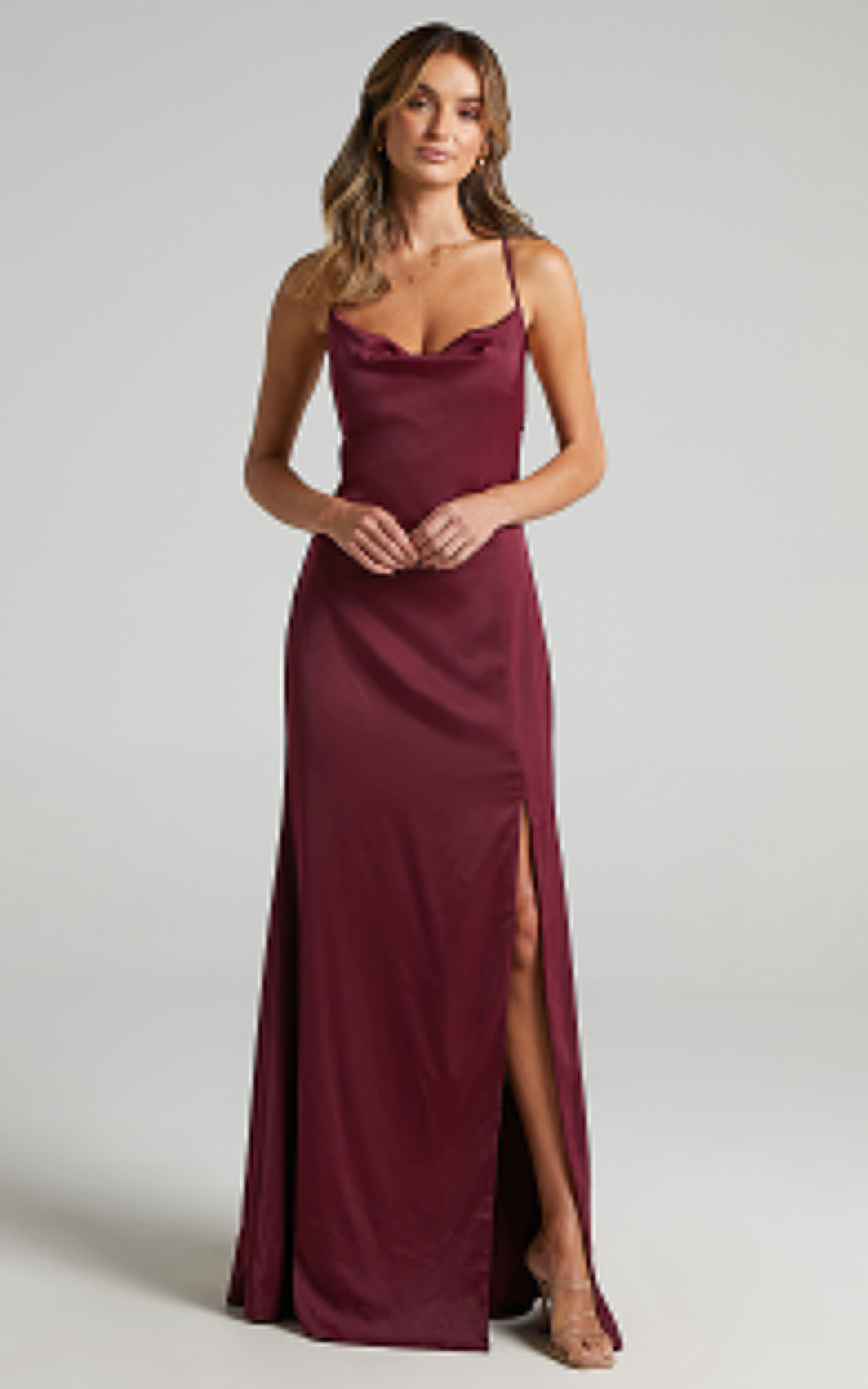 A Final Toast Midi Dress - Cowl Neck Thigh Split Dress in Mulberry Satin - 06, PRP6