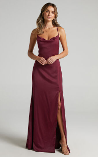 A Final Toast Midi Dress - Cowl Neck Thigh Split Dress in Mulberry Satin