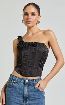 Gemma Top - One Shoulder Rosette Detail Top in Black