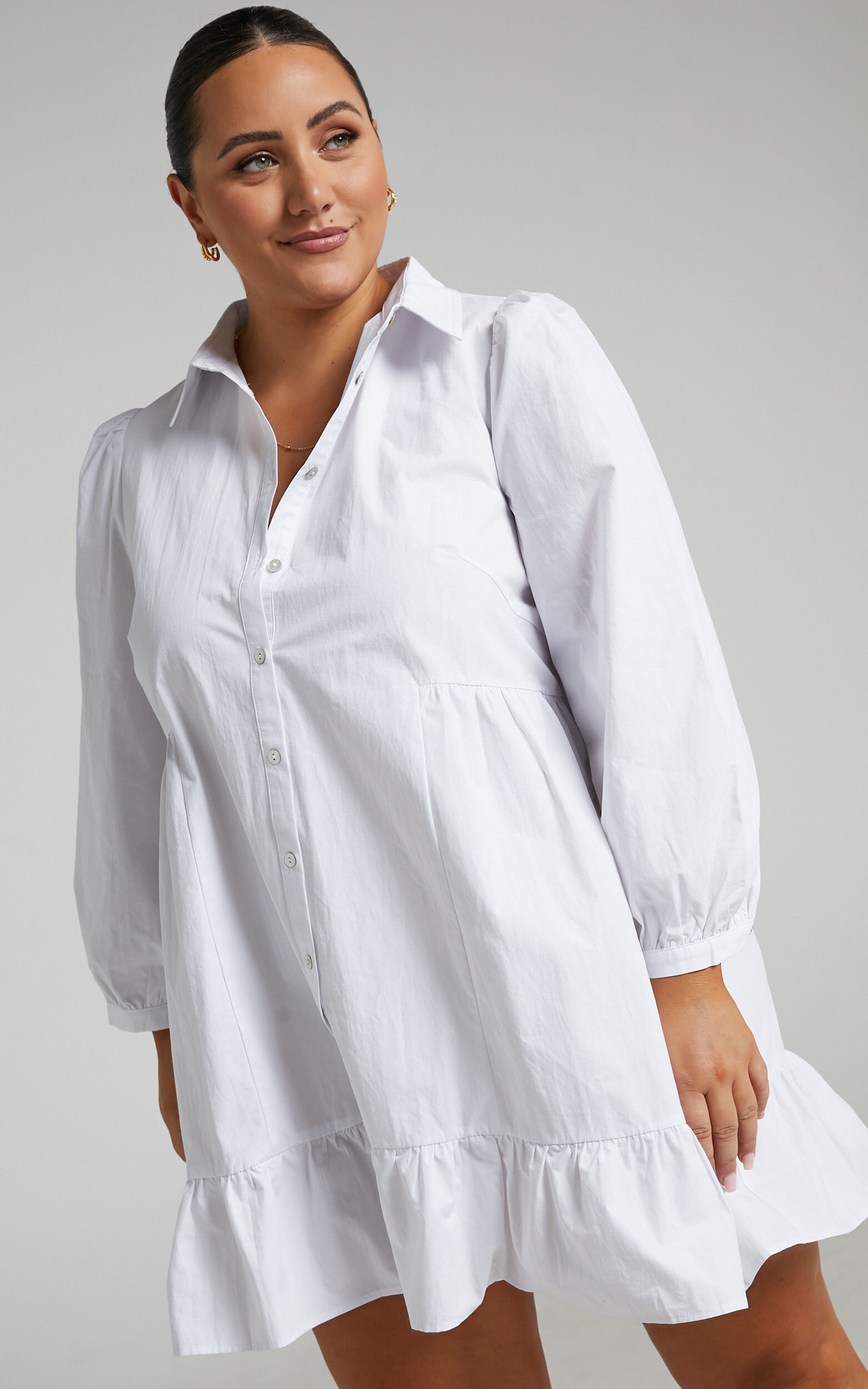 Maulee Mini Dress - Frill Hem Shirt Dress in White - 04, WHT2