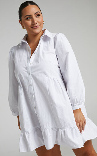Maulee Mini Dress - Frill Hem Shirt Dress in White