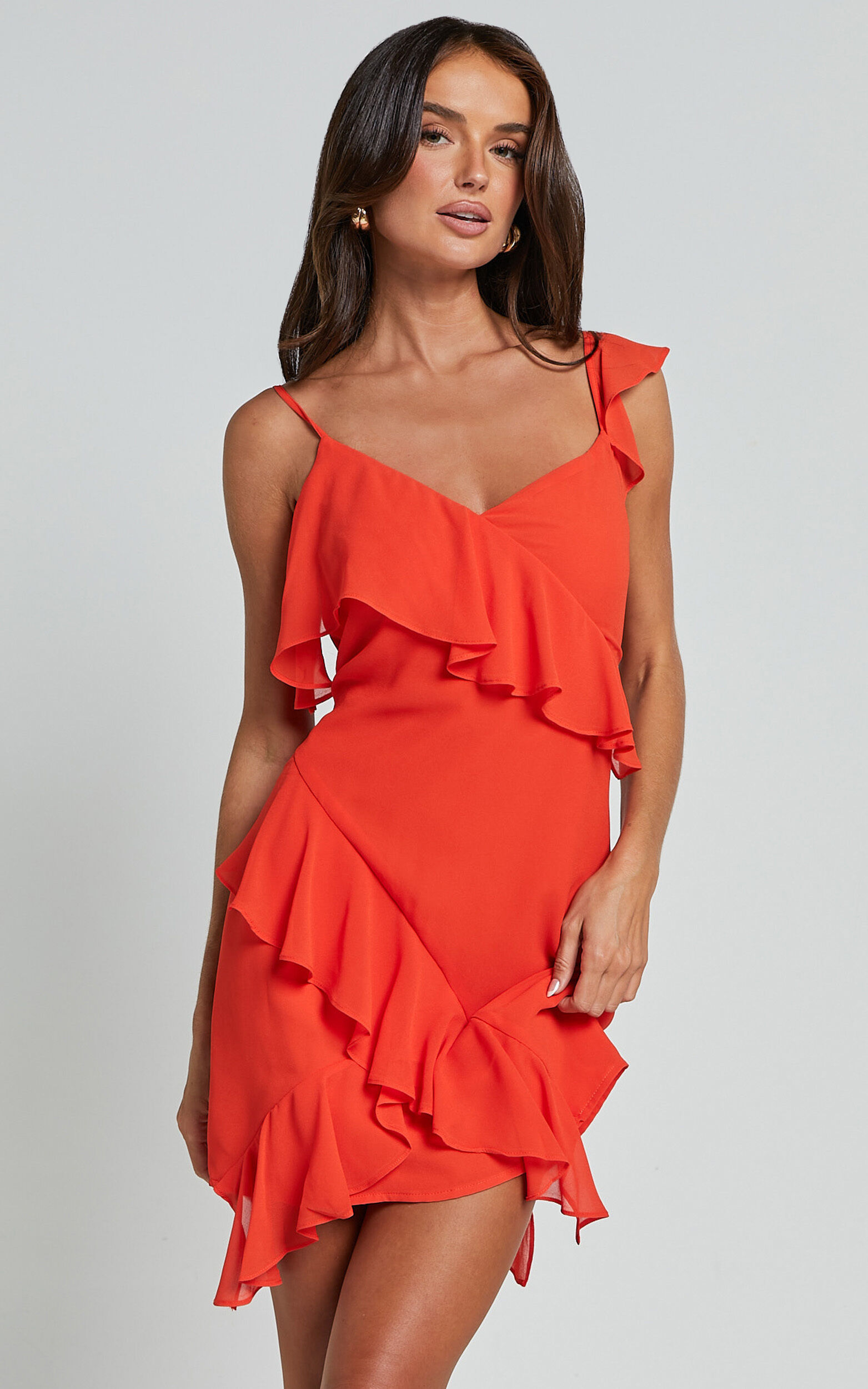 Zaria Mini Dress Asymmetric Frill Detail Mini Dress in Chili