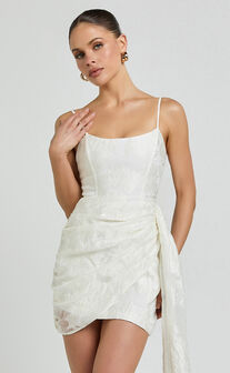 Laine Mini Dress - Jacquard Draped Dress in White