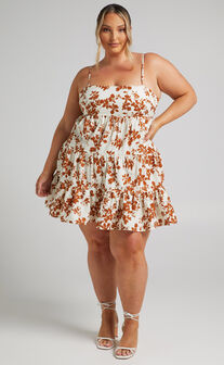 Lorelle Mini Dress - Straight Neck Tiered Dress in Shadow Floral