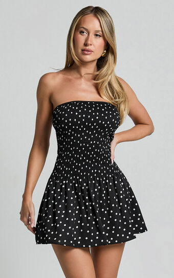 Hera Mini Dress - Drop Waist Ruched Fit and Flare Mini Dress in Black Polka Dot