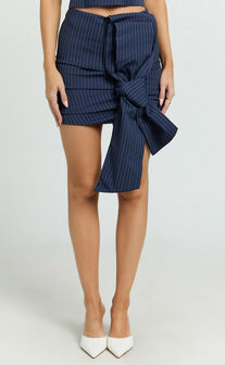 Elliot Mini Skirt - Pinstripe Ruched Bow Detail Fitted Skirt in Navy