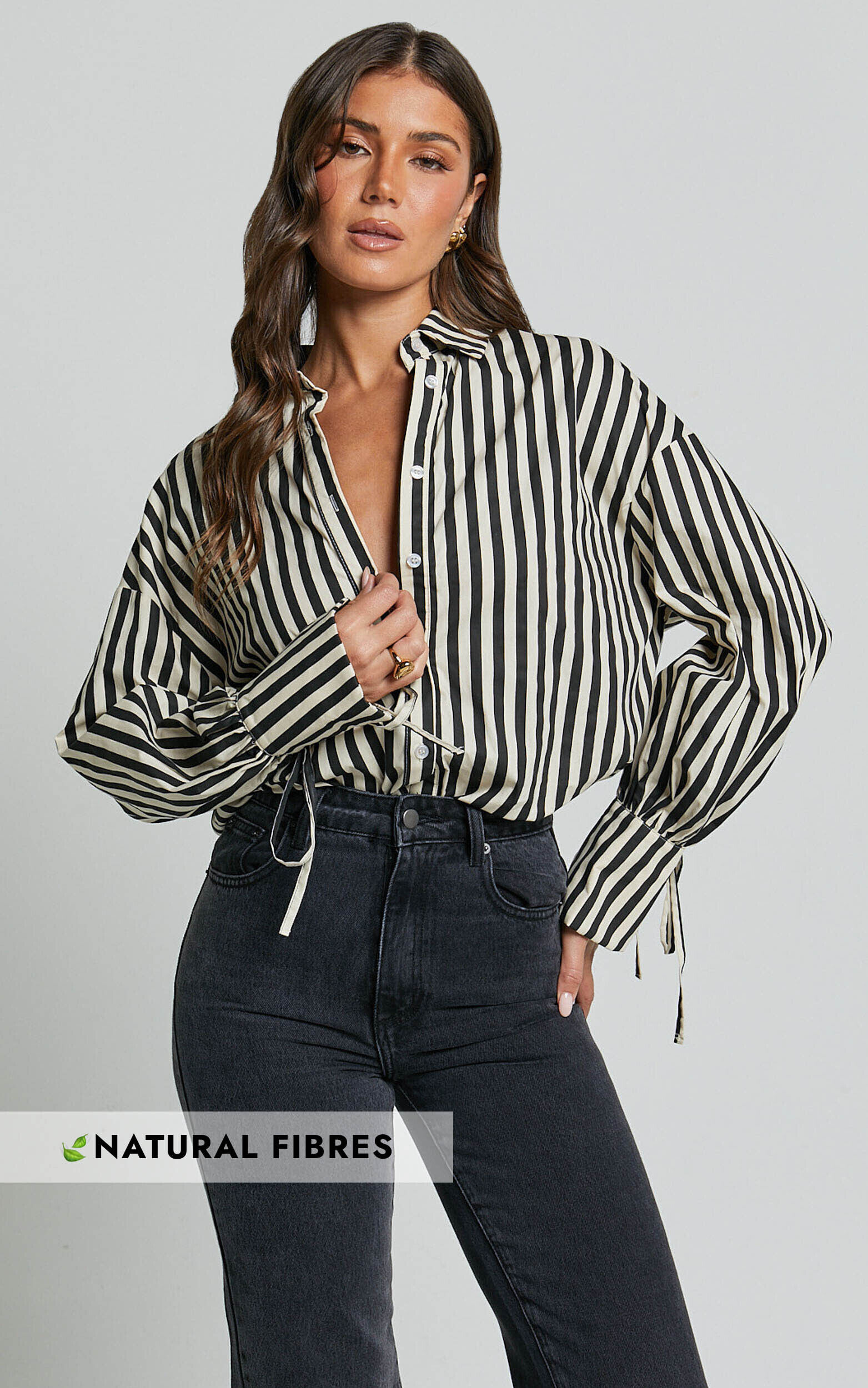 Cazie Shirt - Tie Cuff Long Sleeve Shirt in Black & Cream Stripe - 06, BLK1